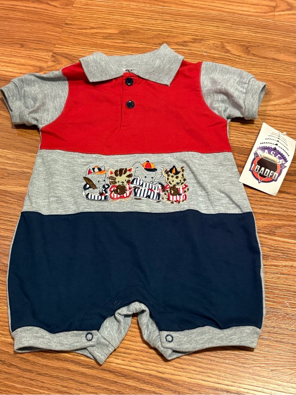 NWT Striped Animal Patch Polo Romper in Red, Gray & Navy